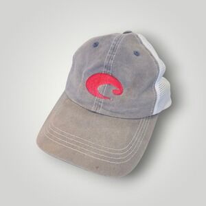 Costa Del Mar Gray White Mesh Trucker Hat Red Wave Logo Adjustable Cap Fishing